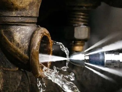 A high-pressure nozzle cleans a corroded pipe, blasting away debris with jets of water.